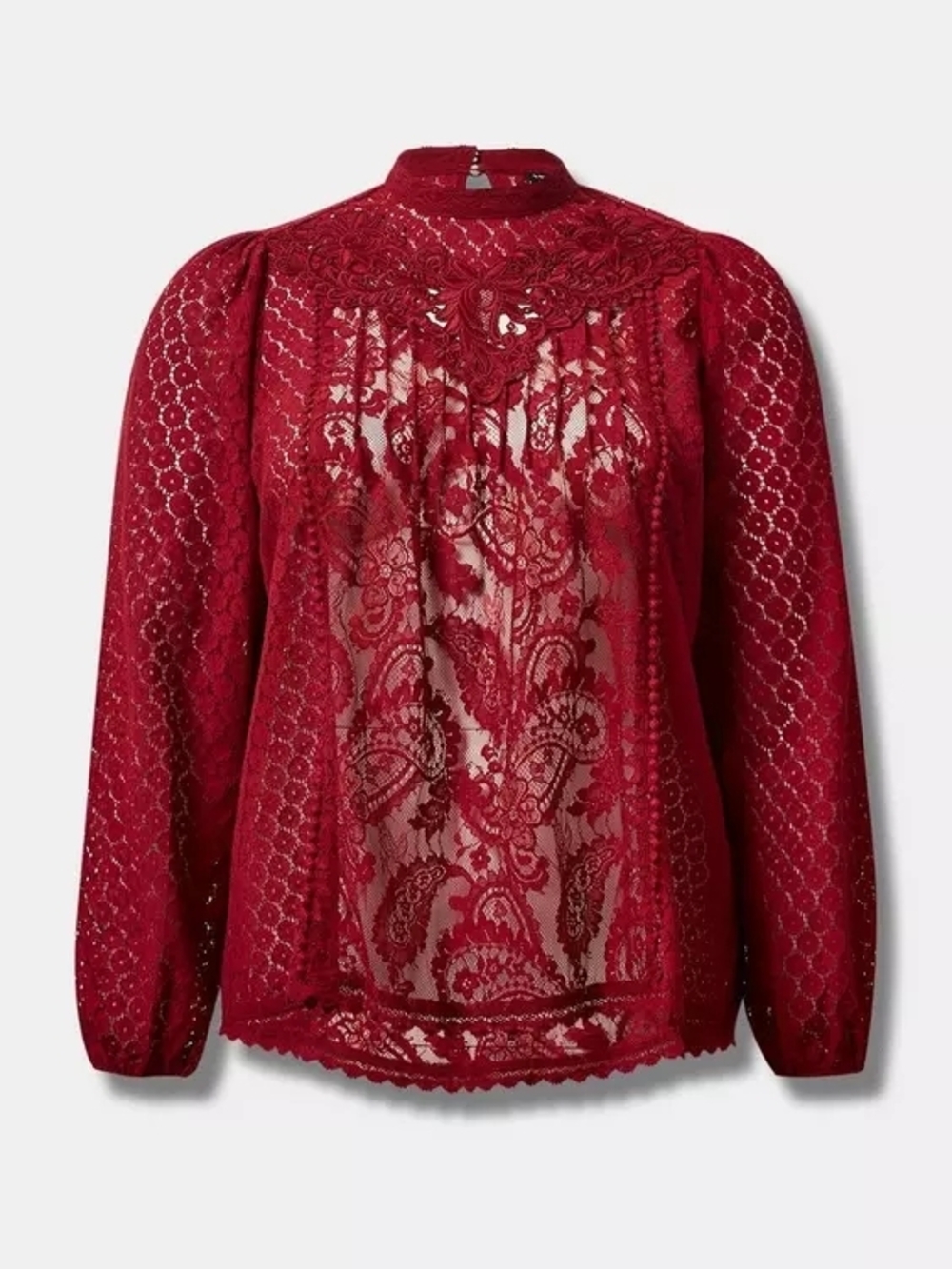 125 torrid 4 4X Deep Red Crochet Lace Yoke Blouse Mixed Lace High Neck Top